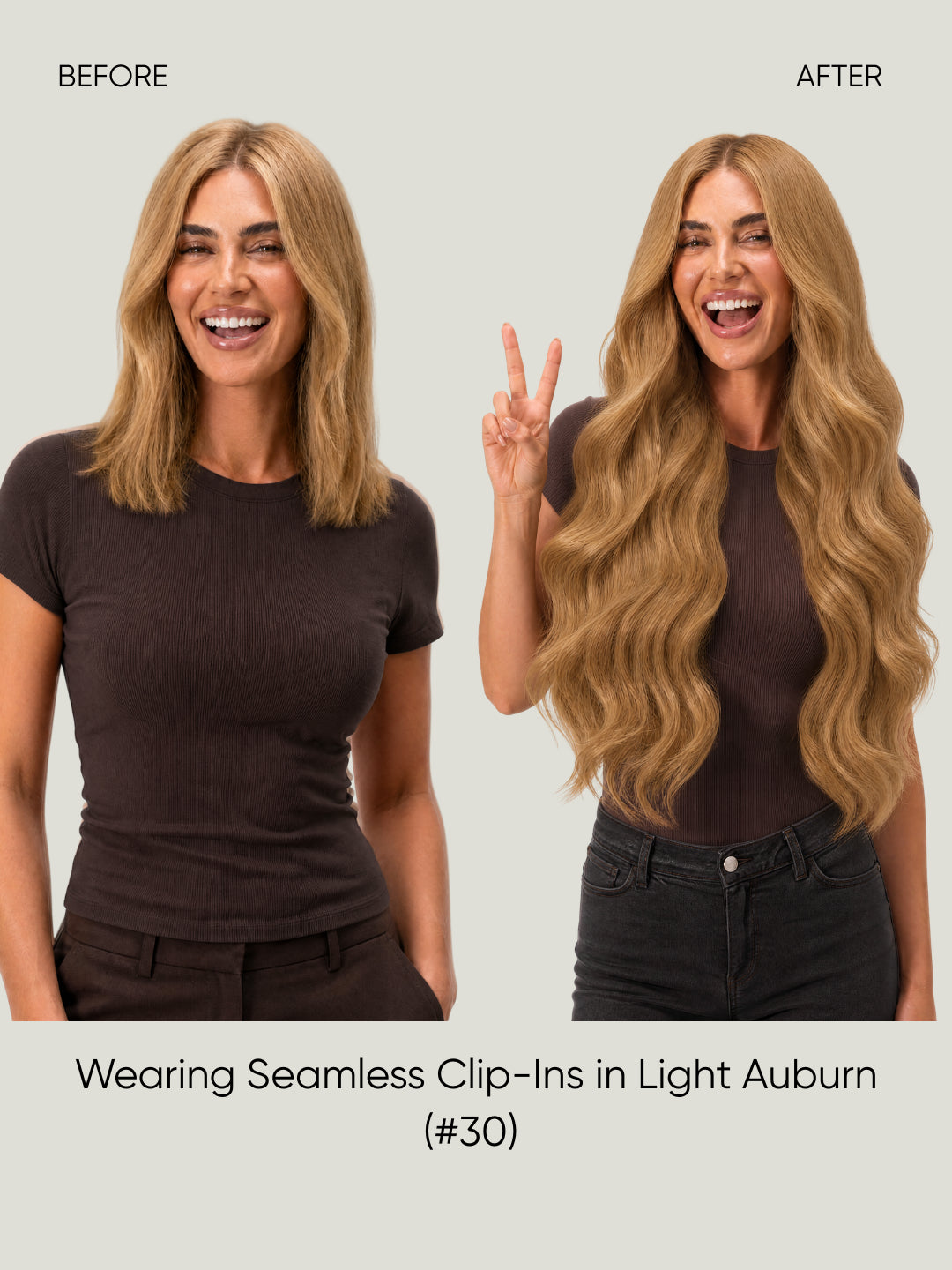 Light auburn clip-in hair extensions with long, wavy strands on model.
