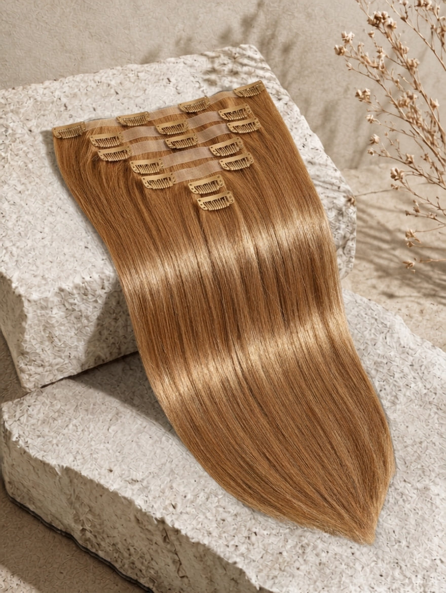 Straight light brown clip-in hair extensions weft with comb clips attached.