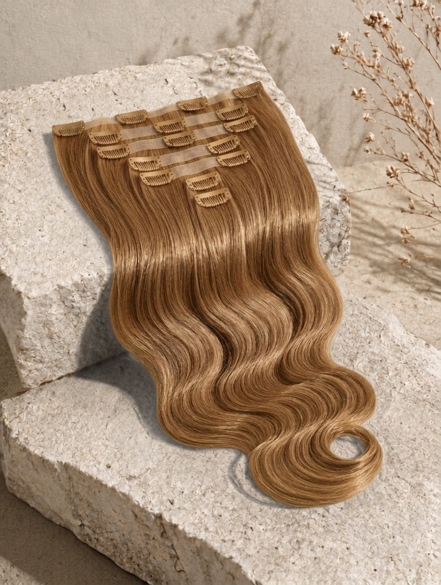 Wavy light brown clip-in hair extensions weft with comb clips attached.