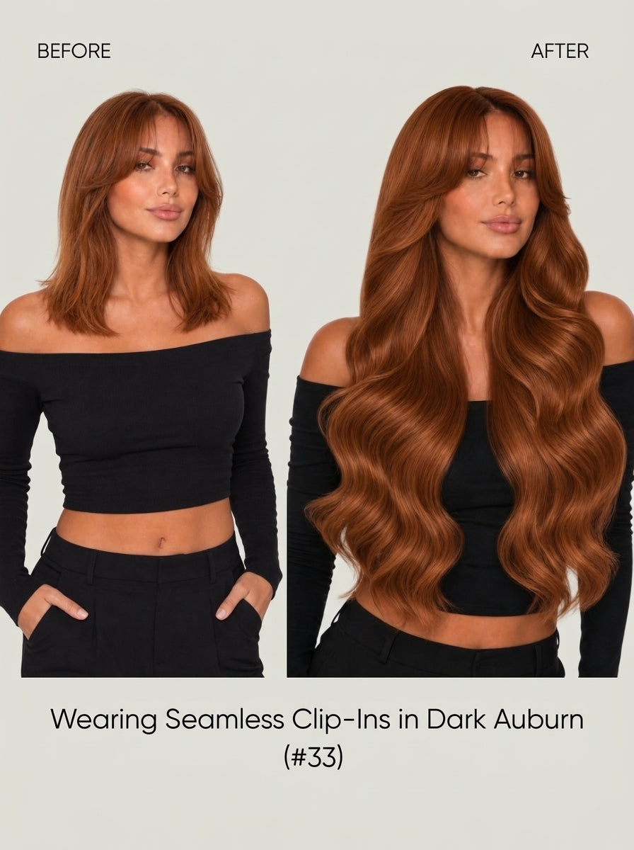 Seamless clip-in extensions in auburn, showing before and after hair volume