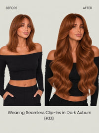 Seamless clip-in extensions in auburn, showing before and after hair volume