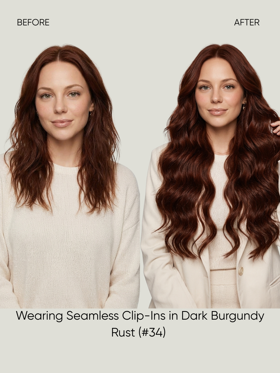 Long wavy dark auburn clip-in extensions worn over the shoulders