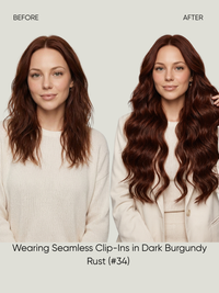 Long wavy dark auburn clip-in extensions worn over the shoulders