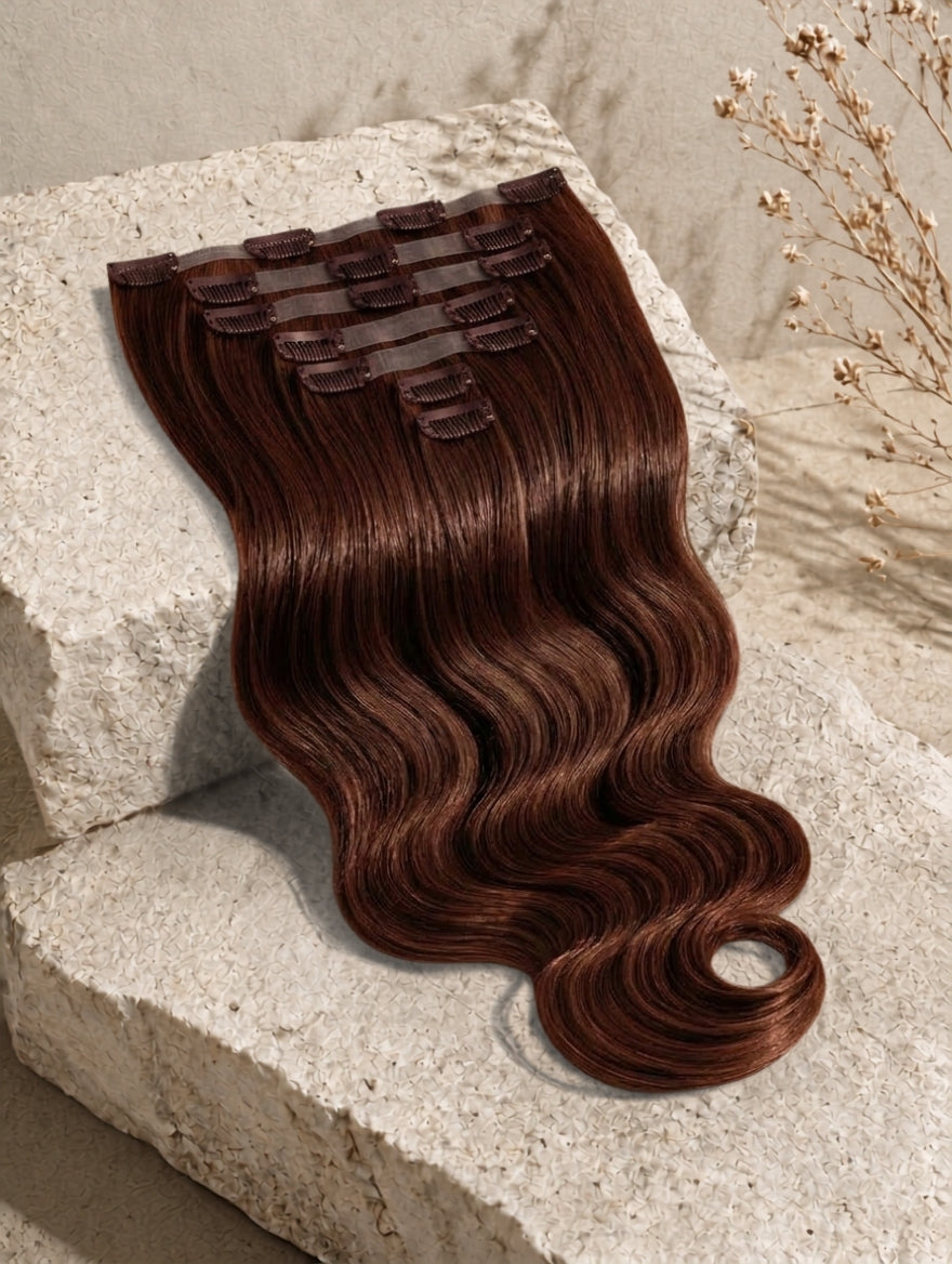 Dark brown wavy clip-in hair extension piece with comb clips