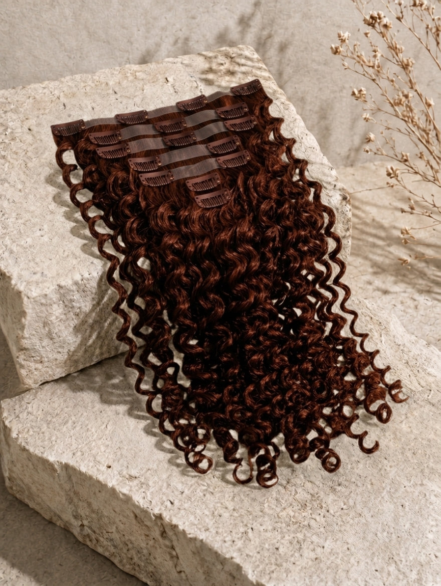 Curly dark brown clip-in hair extension piece with multiple black barrette clips