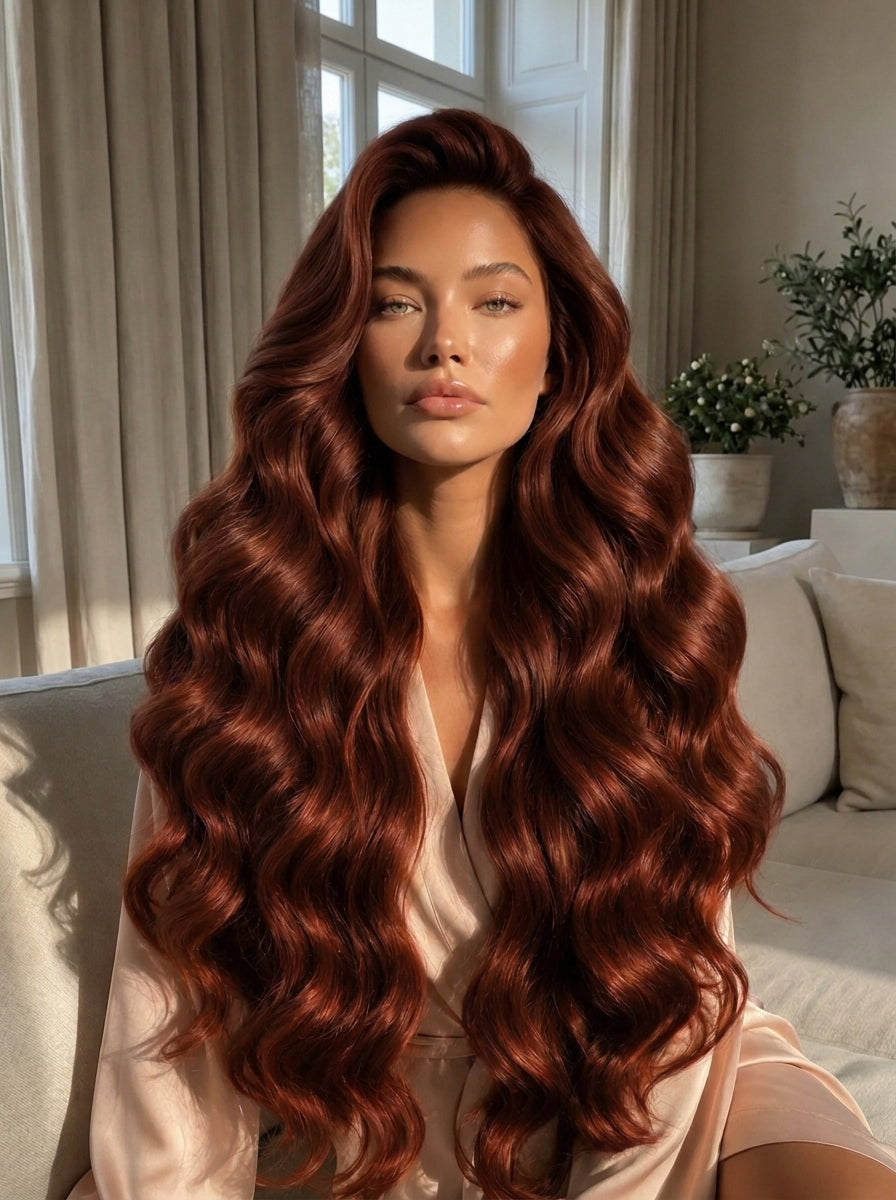 Chestnut-brown long wavy clip-in hair extension style with voluminous curls