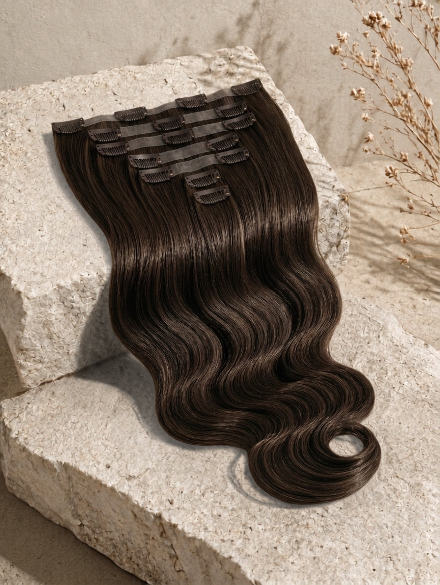 Seamless clip-in hair extensions bundle, dark brown wavy strands with comb clips