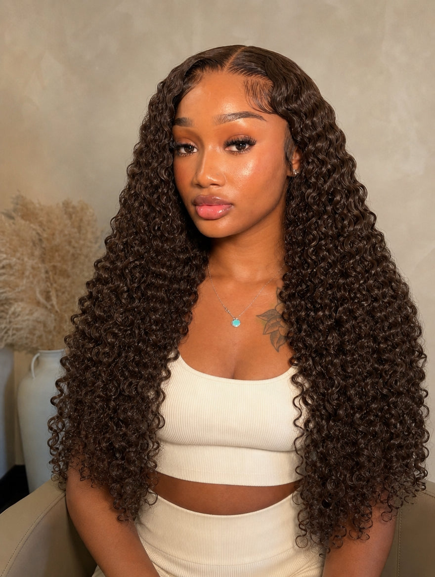 Seamless clip-in hair extensions on model, long curly dark hair with defined ringlets