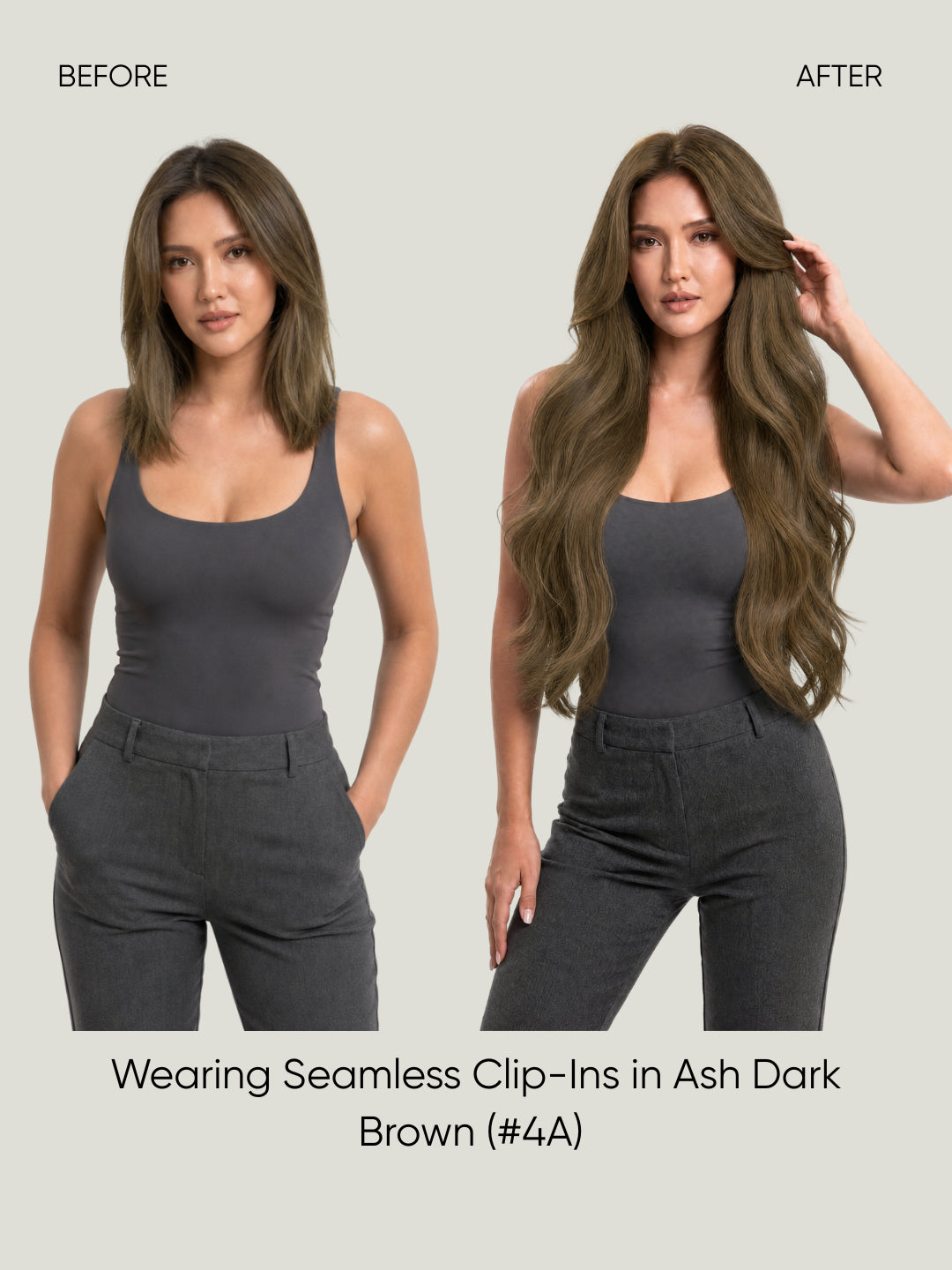 Long ash-dark-brown clip-in extensions blending into styled hair
