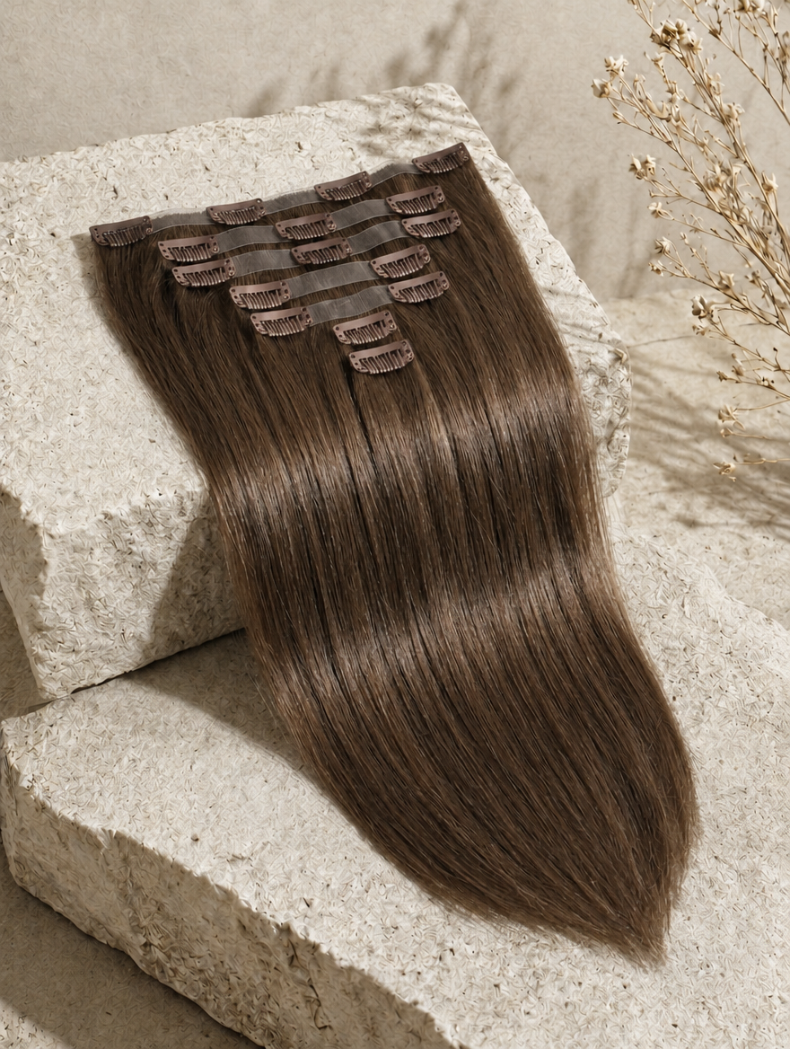 Seamless clip-in extensions, straight-to-wavy dark-brown weft with clip fasteners