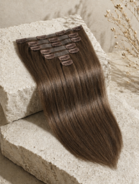 Seamless clip-in extensions, straight-to-wavy dark-brown weft with clip fasteners