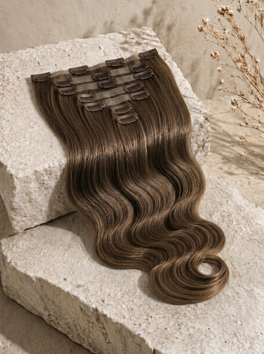 Dark brown body-wave weft with clip tabs on hairpiece