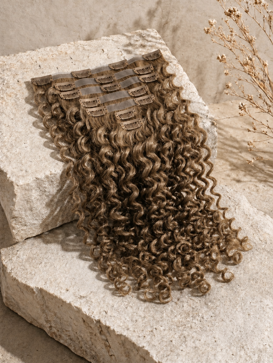 Seamless clip-in hair extensions bundle with curly texture in medium brown