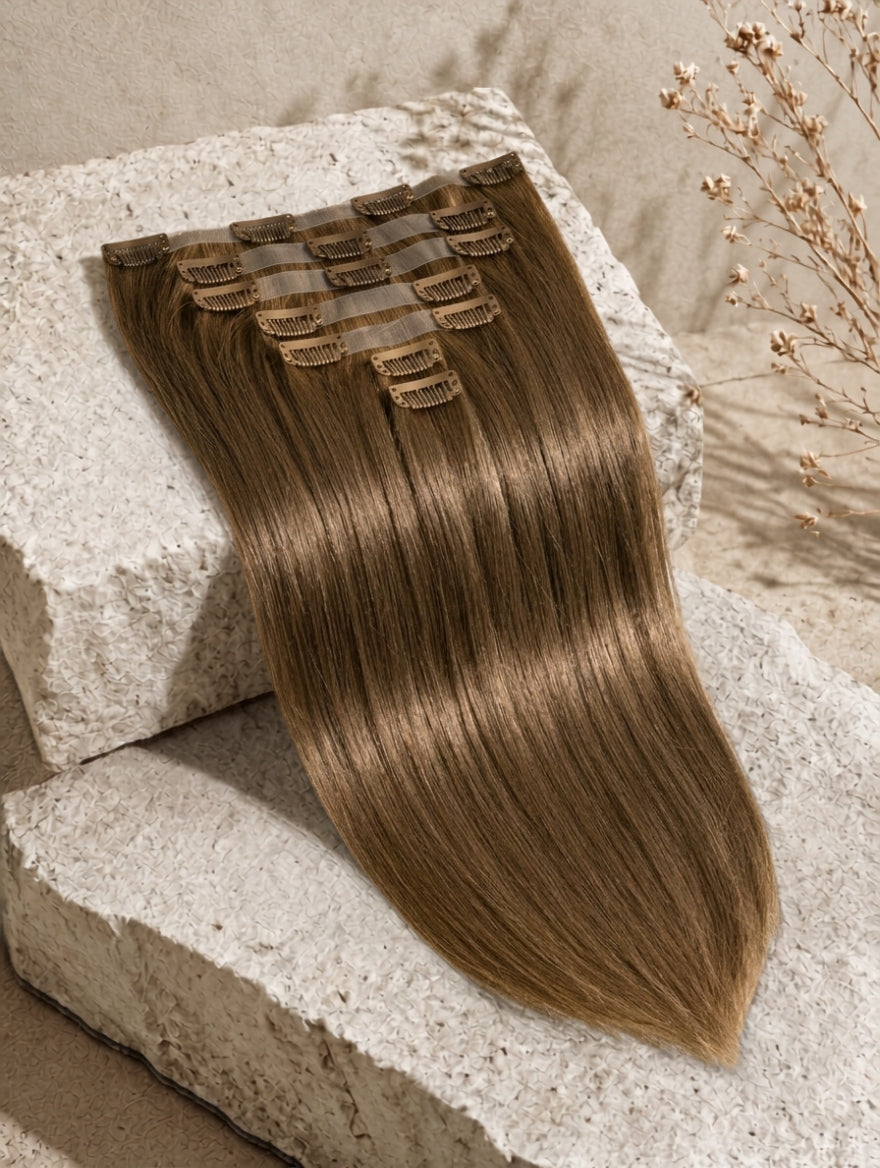 Seamless clip-in hair extensions bundle with straight strands in medium brown