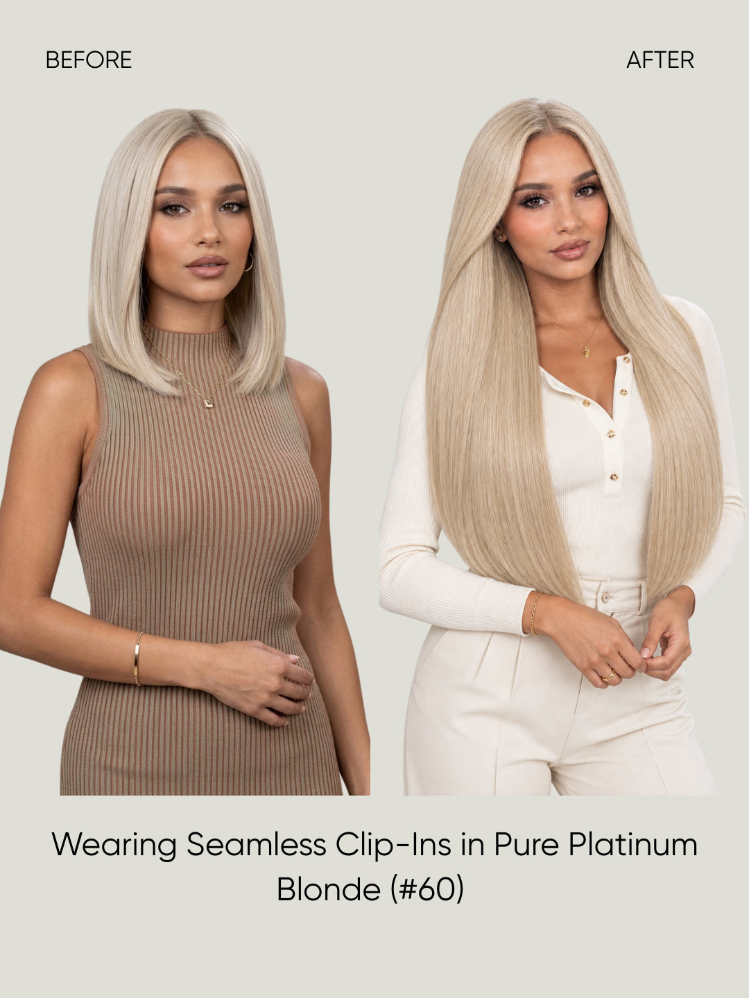 Sleek straight platinum blonde clip-in extensions worn for a smooth look