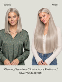 Seamless clip-in extensions worn straight and sleek, light platinum blonde look