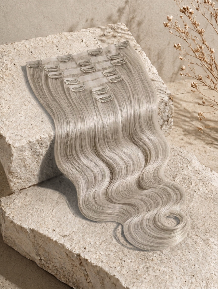 Seamless clip-in extensions with wavy hairpiece, light silver-gray blonde