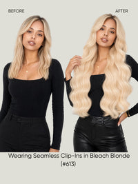 Seamless clip-in hair extensions in bleach blonde, long loose waves on model