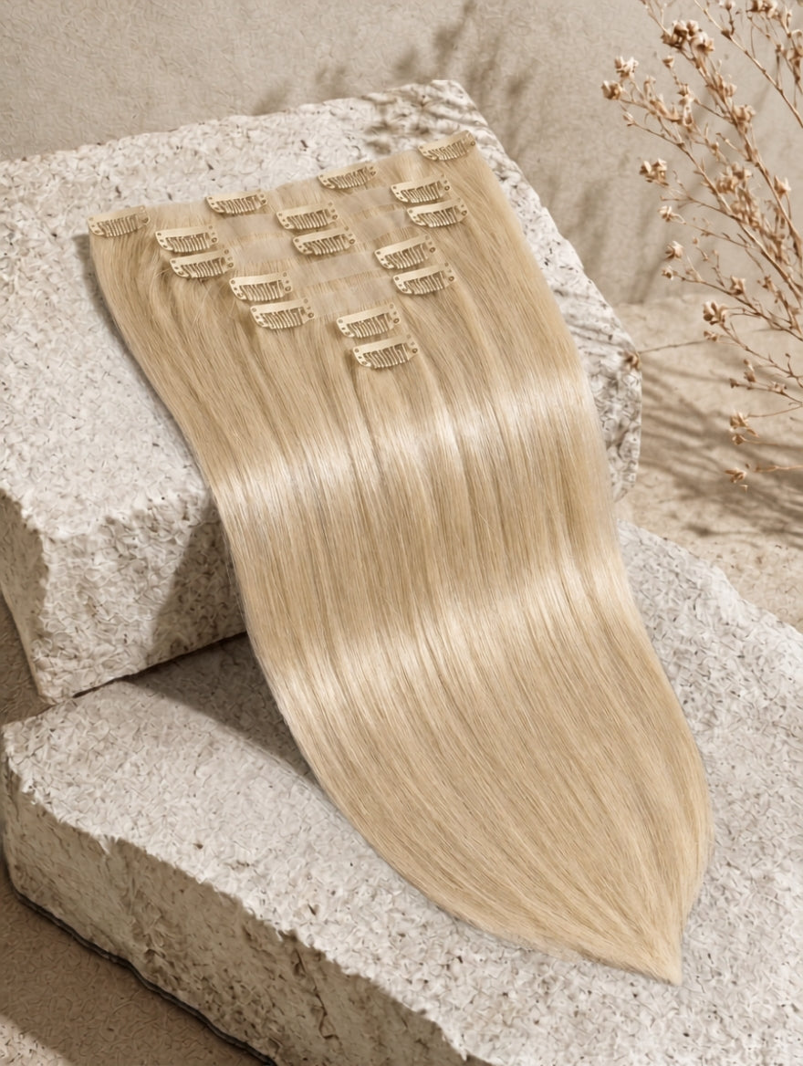 Light blonde clip-in hair extension weft with multiple black comb clips