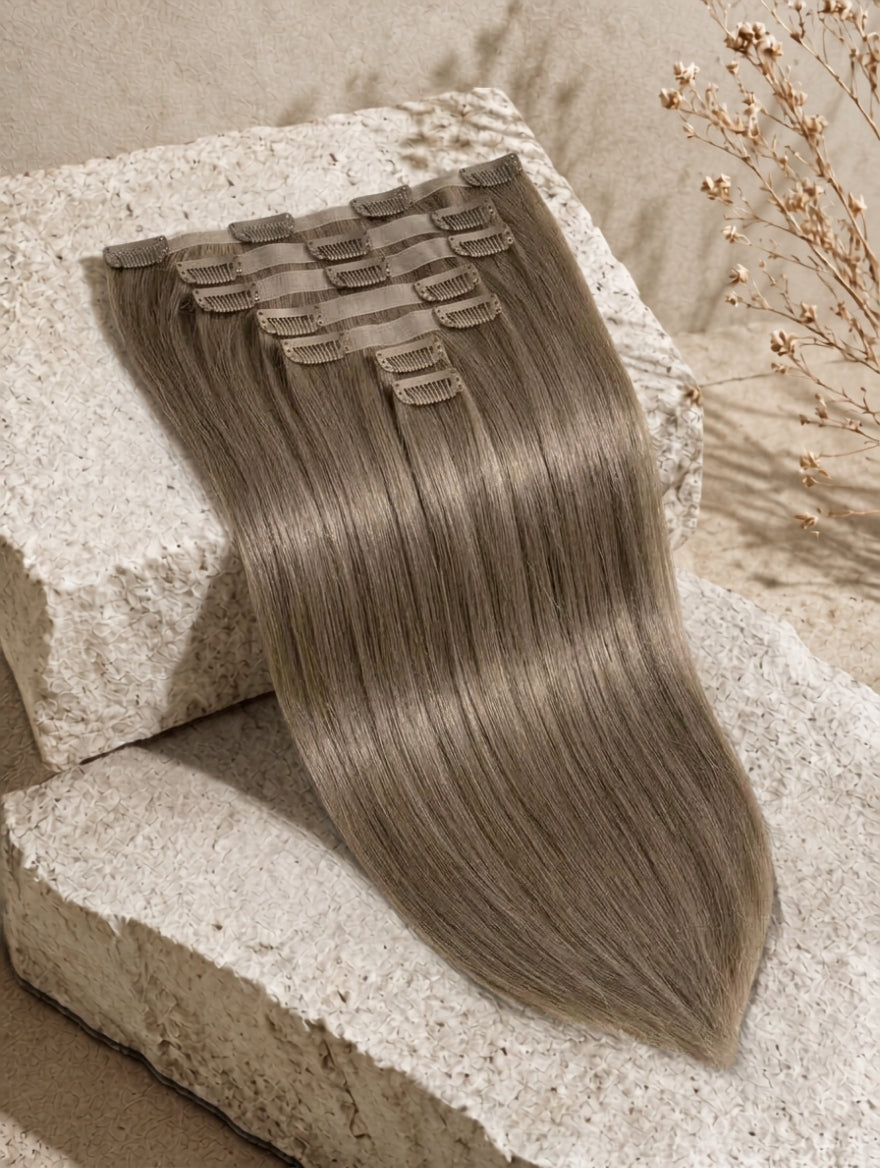 Straight clip-in hair weft sample in ashy brown tone with comb clips.