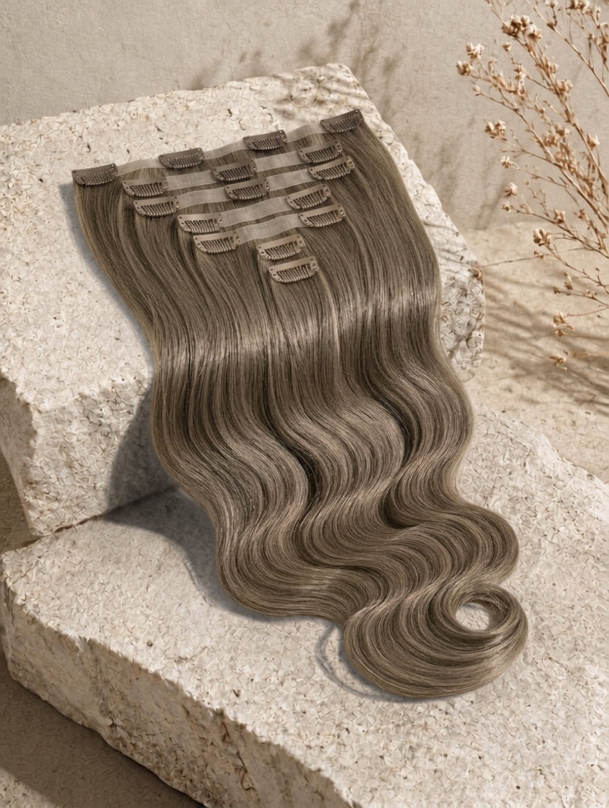 Wavy clip-in hair weft sample in ashy brown tone with comb clips.