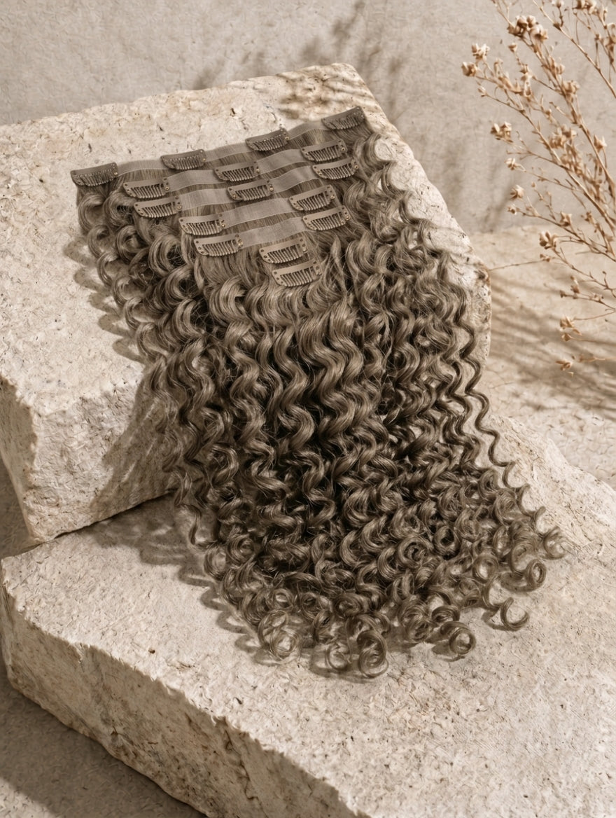 Curly clip-in hair weft sample in ashy brown tone with comb clips.