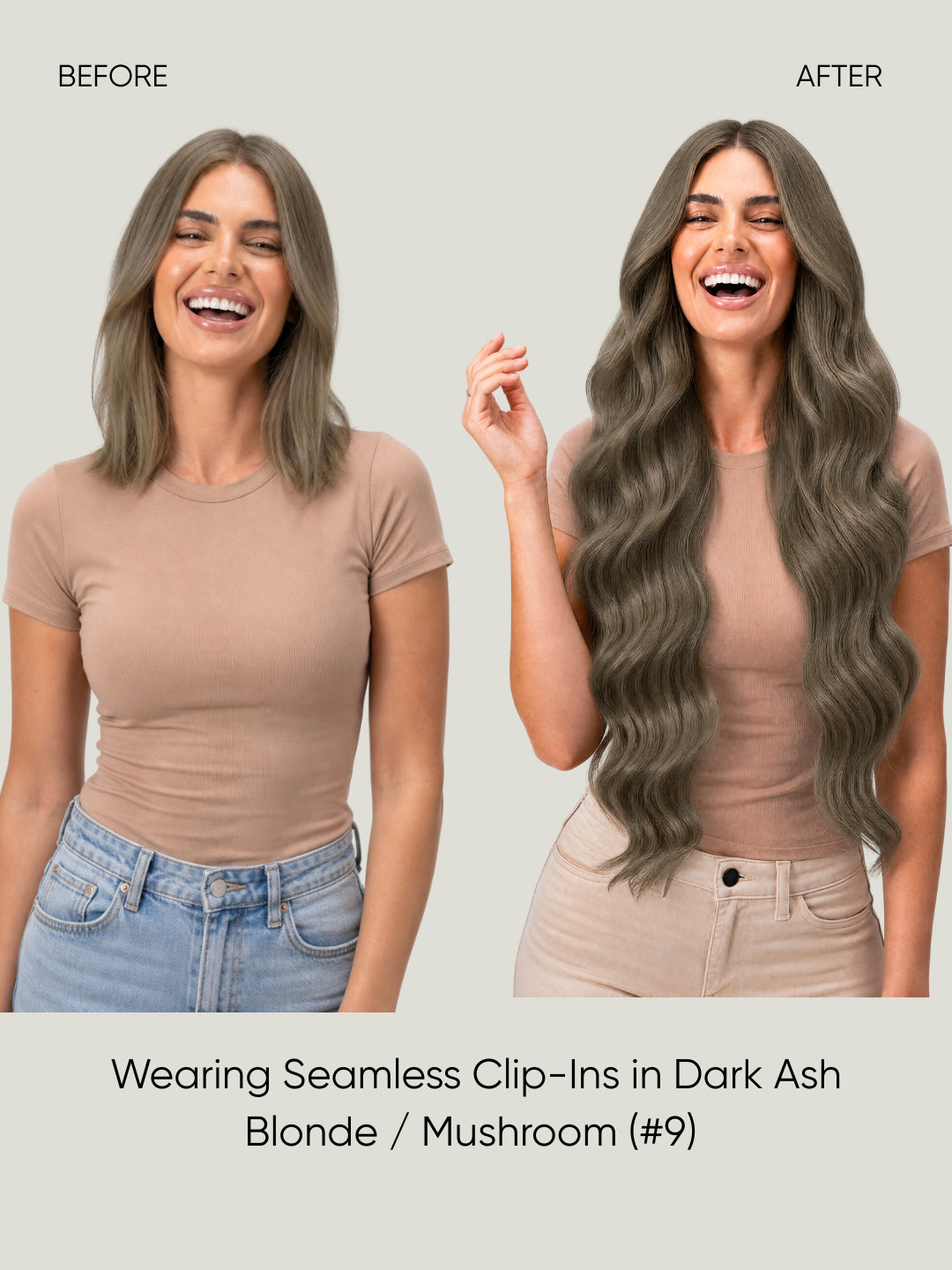 Seamless clip-in hair extensions worn long and wavy in dark ash-blonde