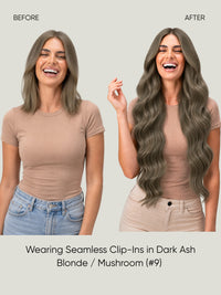 Seamless clip-in hair extensions worn long and wavy in dark ash-blonde