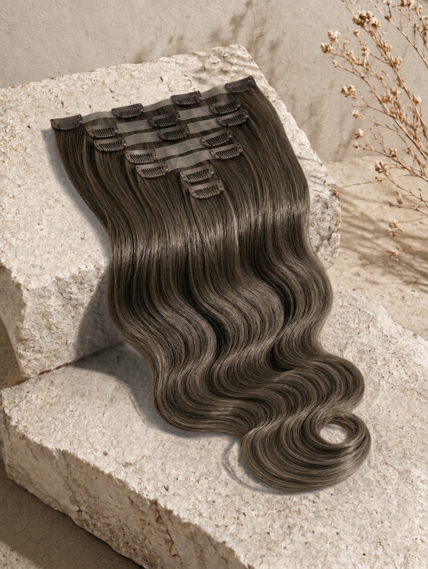 Body-wave clip-in extensions with dark hair weft, layered waves and volume