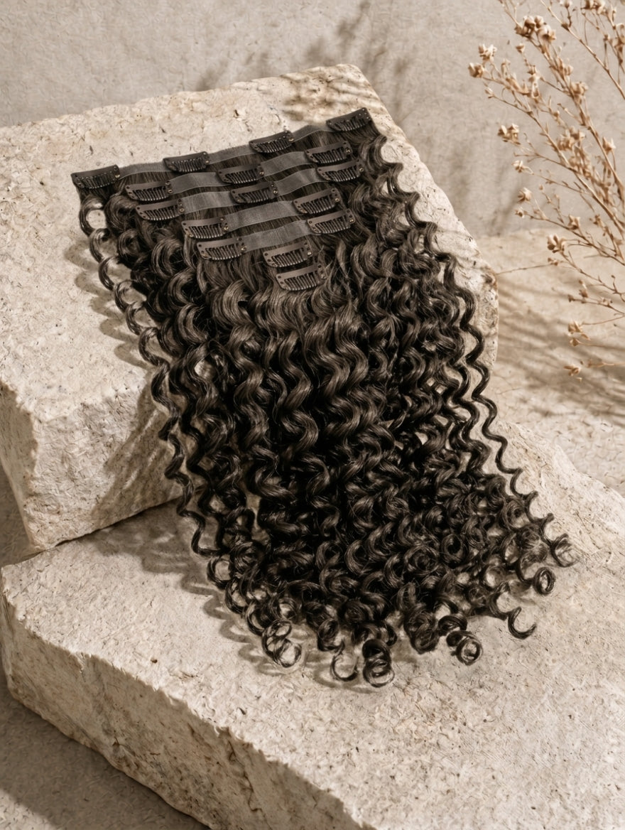 Dark curly clip-in hair extensions with comb clips and layered wefts