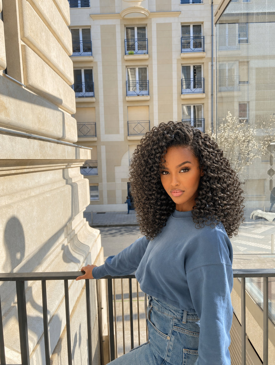 Clip-in extensions with curly texture, dark hair volume reaching to the shoulders