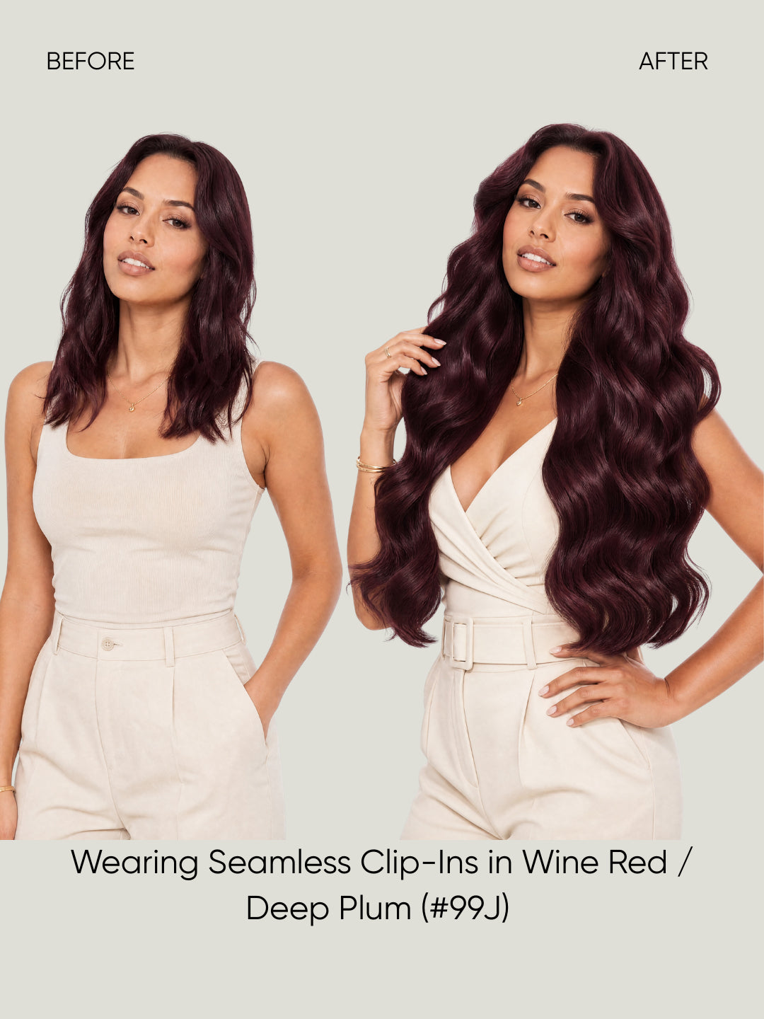 Seamless clip-in hair extensions in deep plum, long voluminous wavy hair on model
