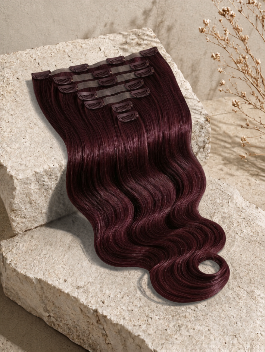 Deep burgundy clip-in hair extensions bundle with soft loose curls