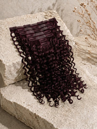 Burgundy curly clip-in hair extensions bundle with tight ringlet curls