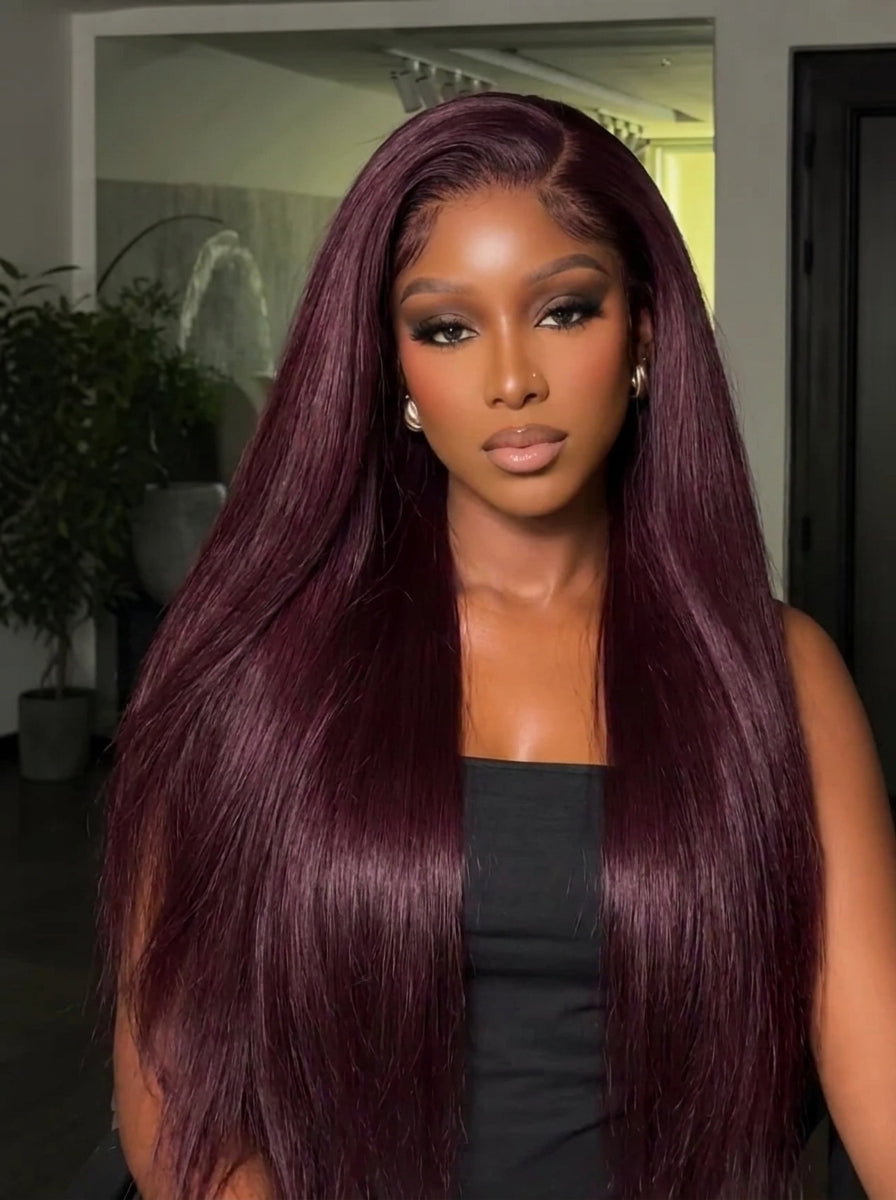 Deep burgundy clip-in hair extensions with straight, sleek long strands