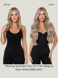 Seamless hair extensions in ash beige and silver white, long wavy hair