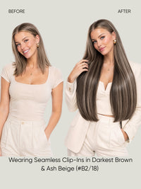 Clip-in hair extensions with long dark brown and ash beige straight hair, styled worn