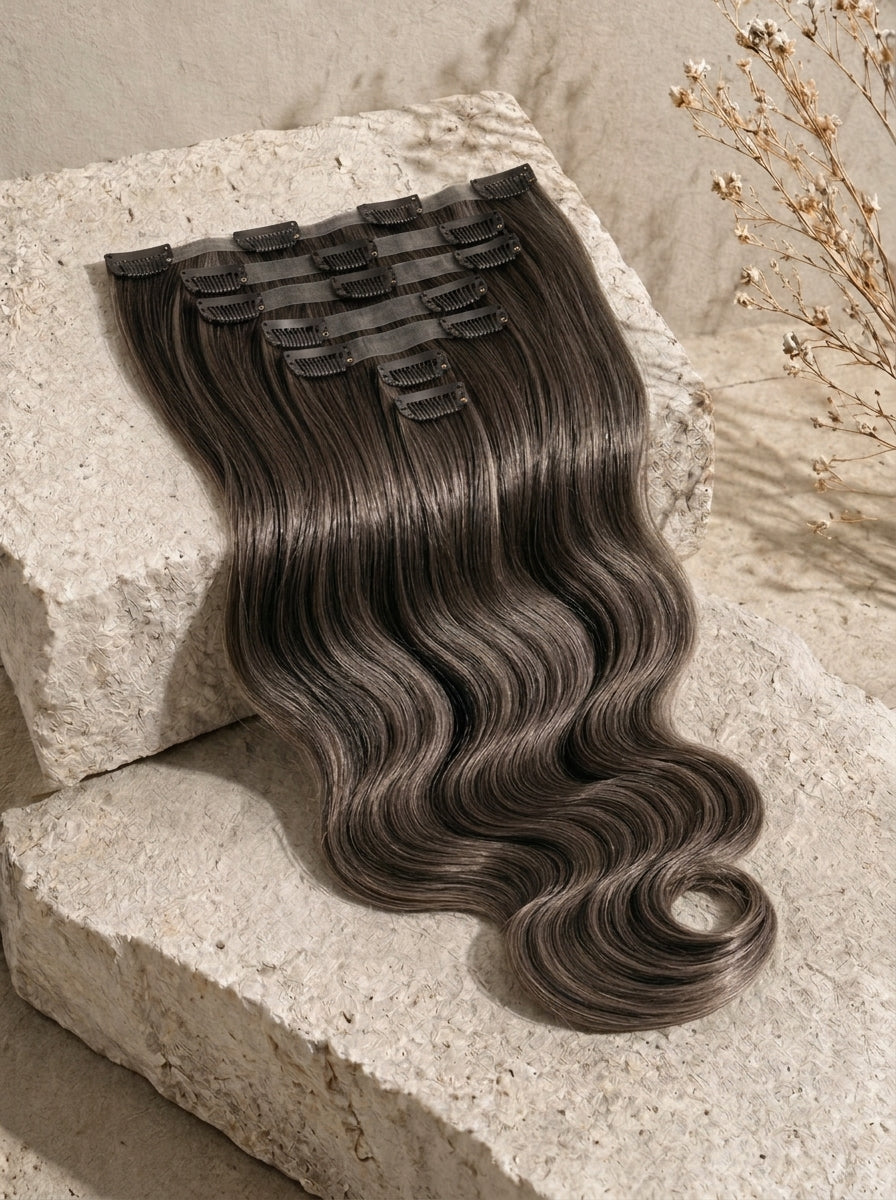 Clip-in hair extension weft in dark brown body wave with visible snap clips