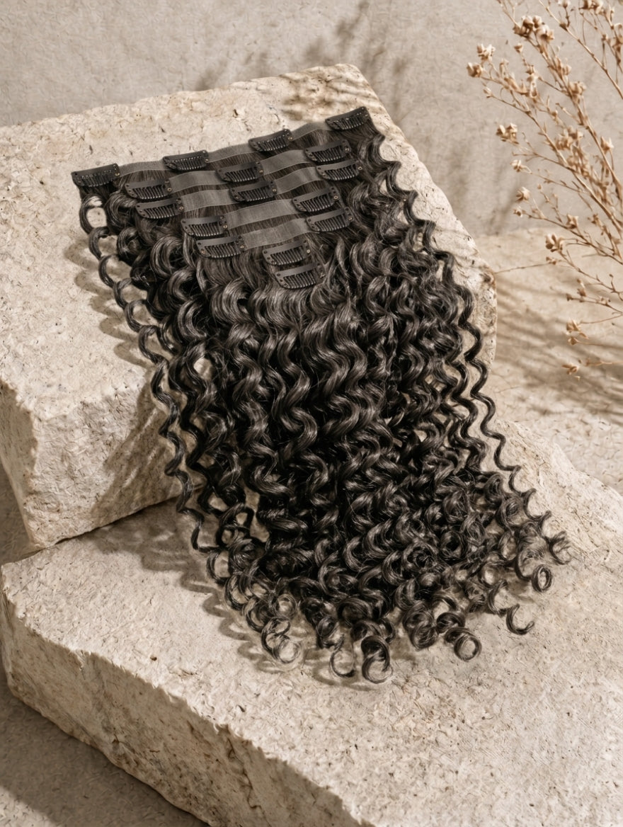 Clip-in hair extension weft in black curly texture with attached snap clips