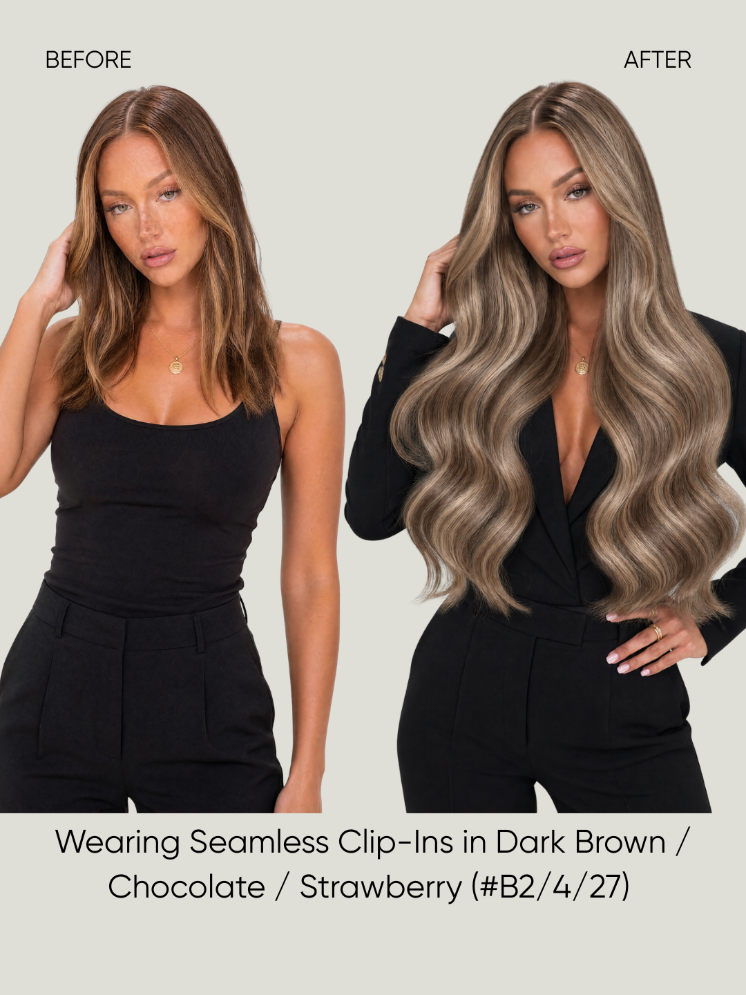 Woman wearing long wavy clip-in hair extensions in dark brown, with snap clips hidden