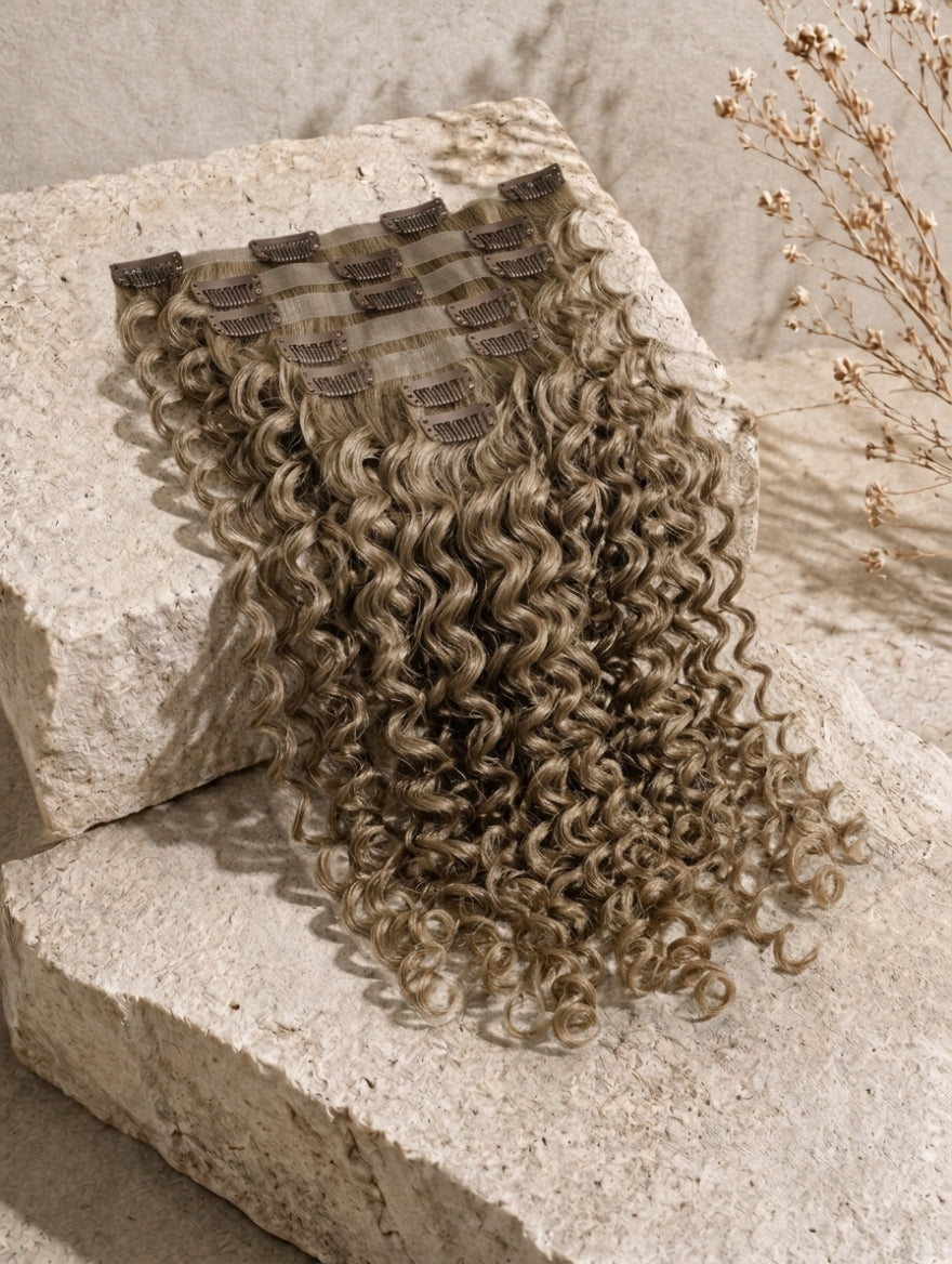 Clip-in hair extension weft in light brown curly texture with attached snap clips