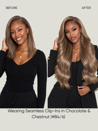Woman wearing long wavy clip-in hair extensions in chestnut brown, sleek and full