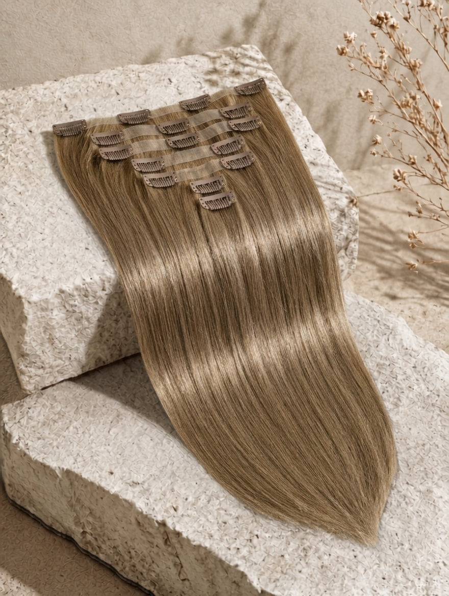 Seamless clip-in hair extensions with light brown straight-style hair and snap clips