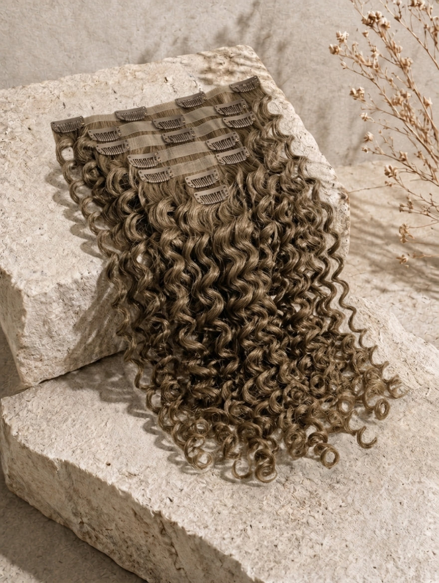 Seamless clip-in hair extensions with dark brown curly hair and visible snap clips