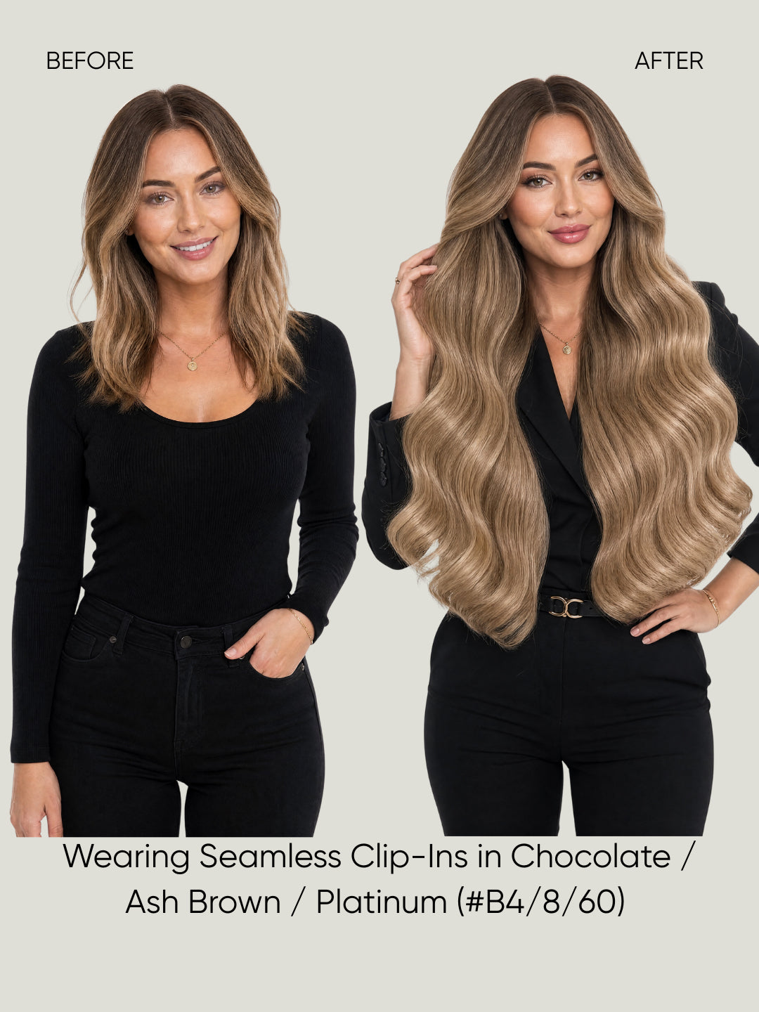 Beige brown long wavy clip-in hair extensions on model, layered waves over shoulders