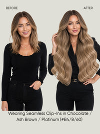 Beige brown long wavy clip-in hair extensions on model, layered waves over shoulders