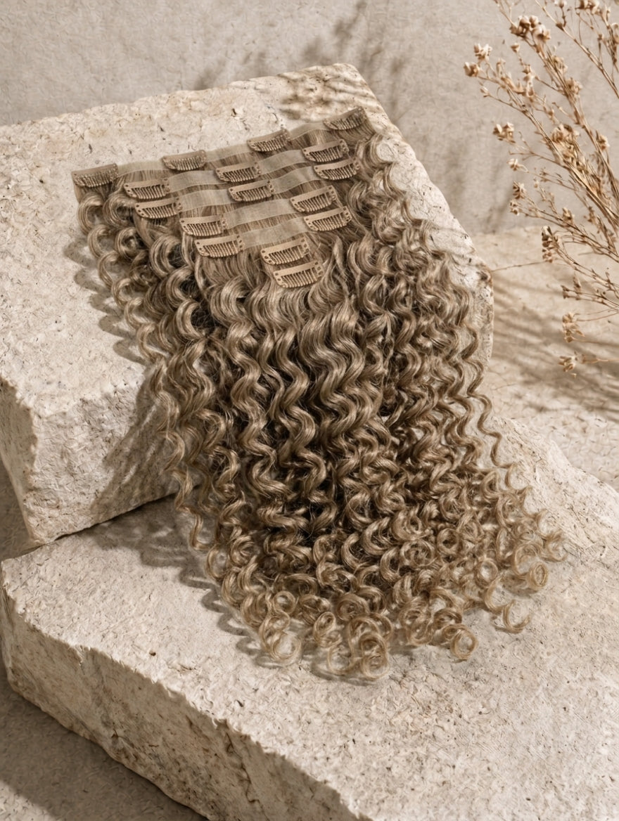 Beige blonde curly clip-in extensions with comb clips, loose ringlets