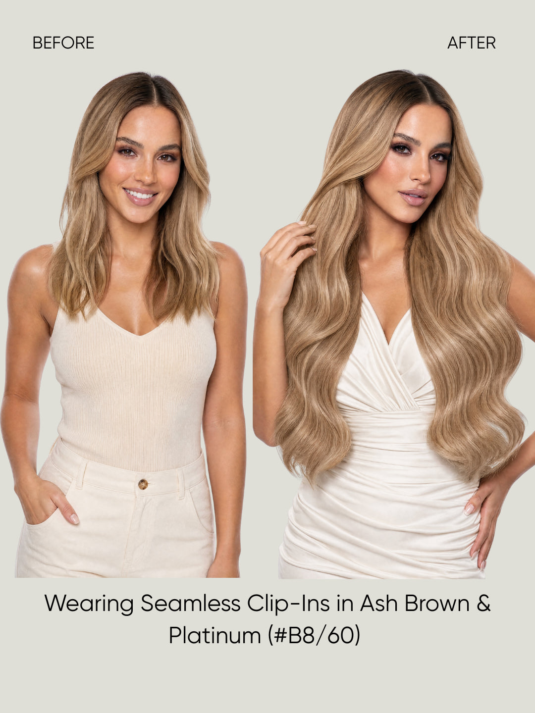 Seamless hair extensions in ash brown and platinum, long body-wave style