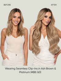 Seamless hair extensions in ash brown and platinum, long body-wave style