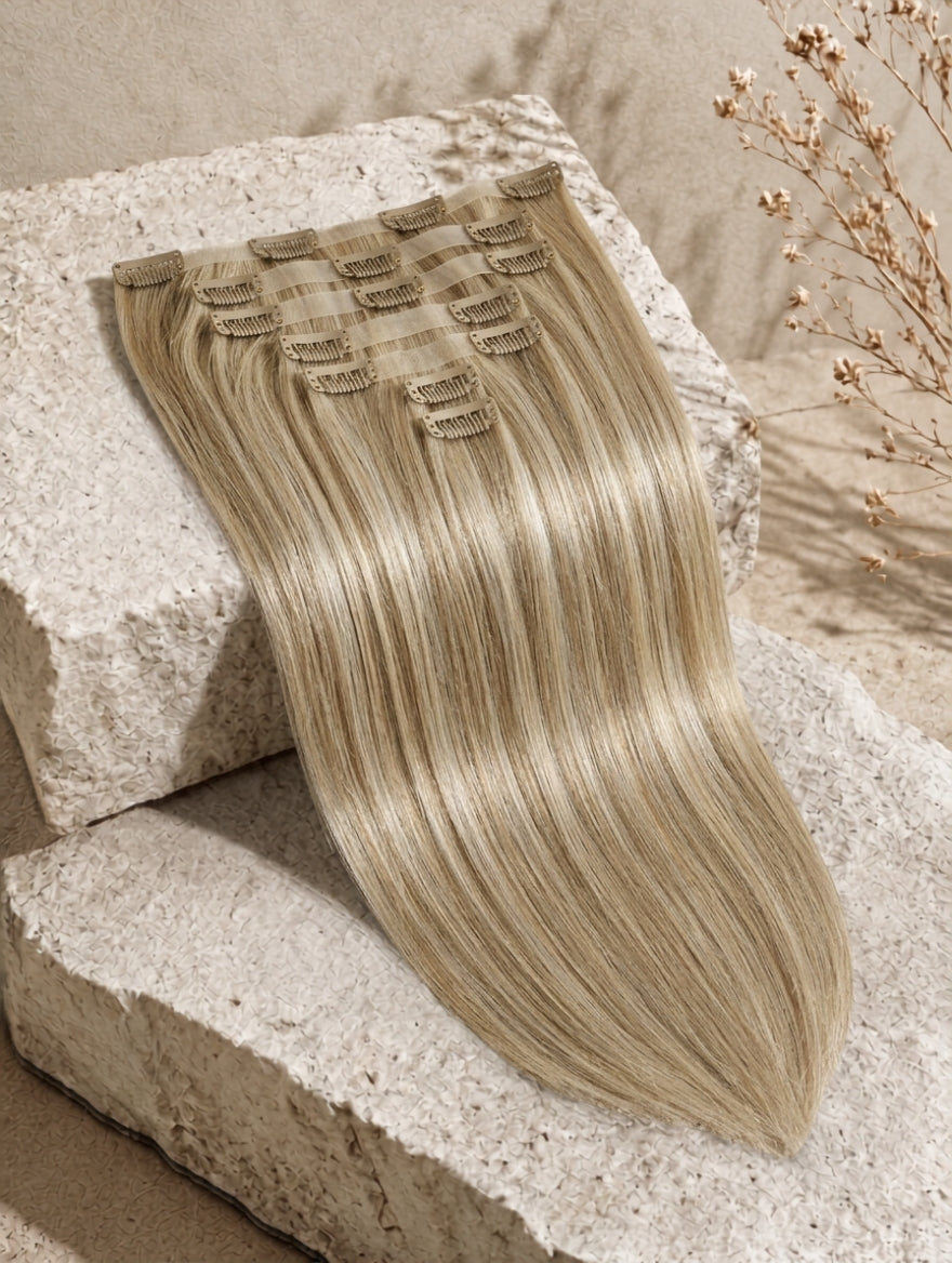 Blonde clip-in extensions with sleek straight strands and comb clips